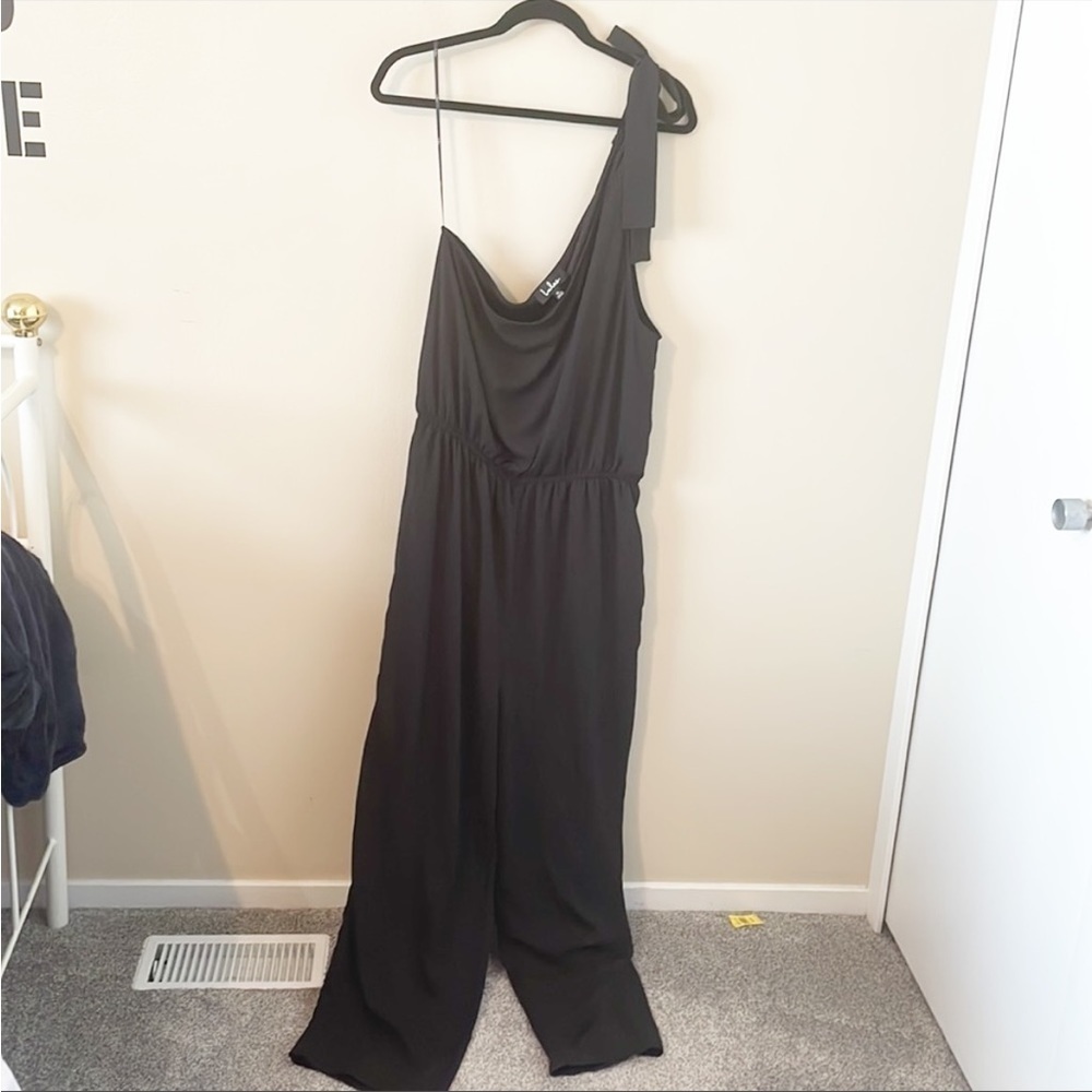Lulu's One Shoulder Tie Cinch Waist Wide Leg Jumpsuit